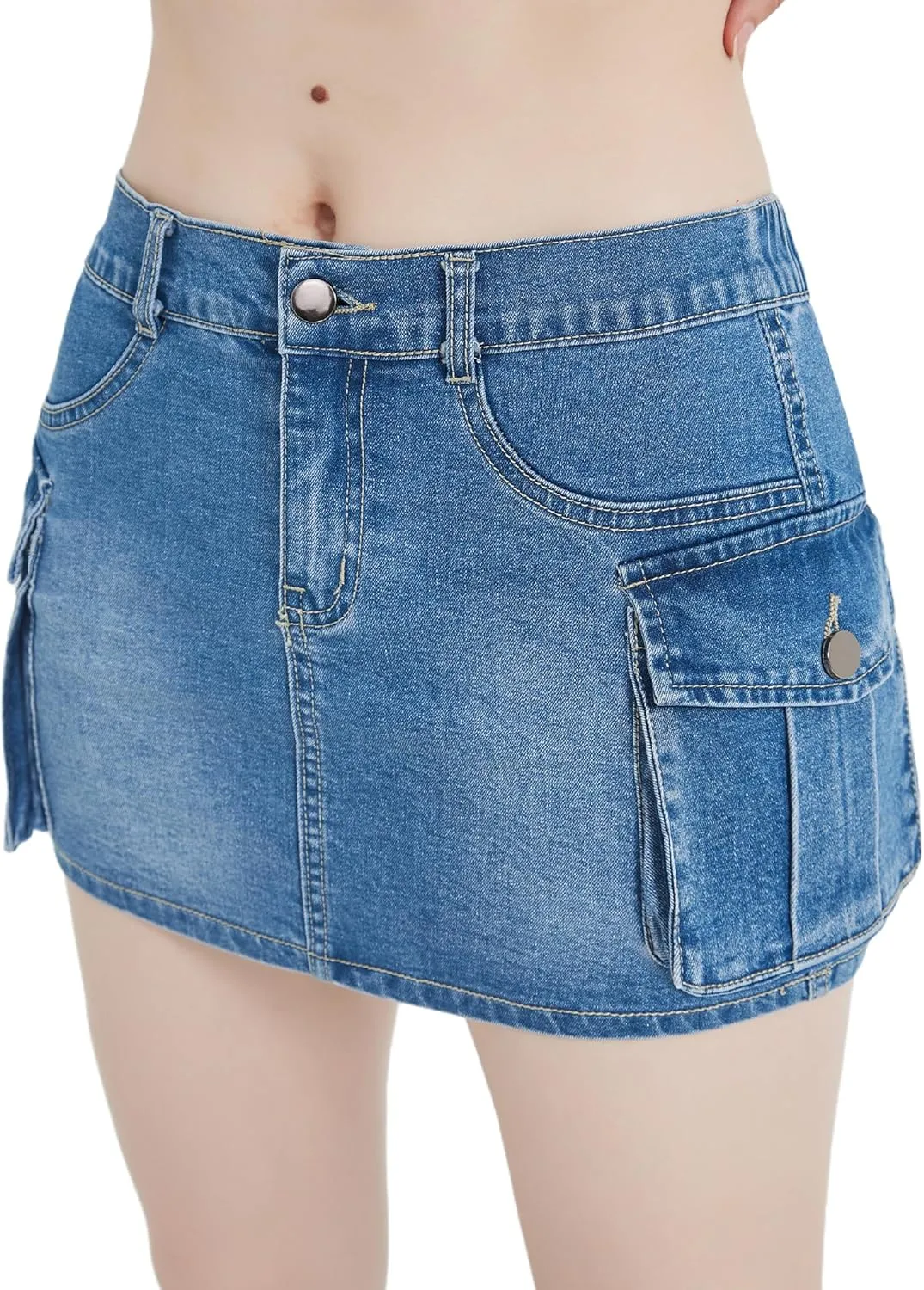 Mebius Women's Low Rise Mini Cargo Skirt Denim Jean Bodycon Button Y2K Short Micro Skirts with Pockets Sexy Cute