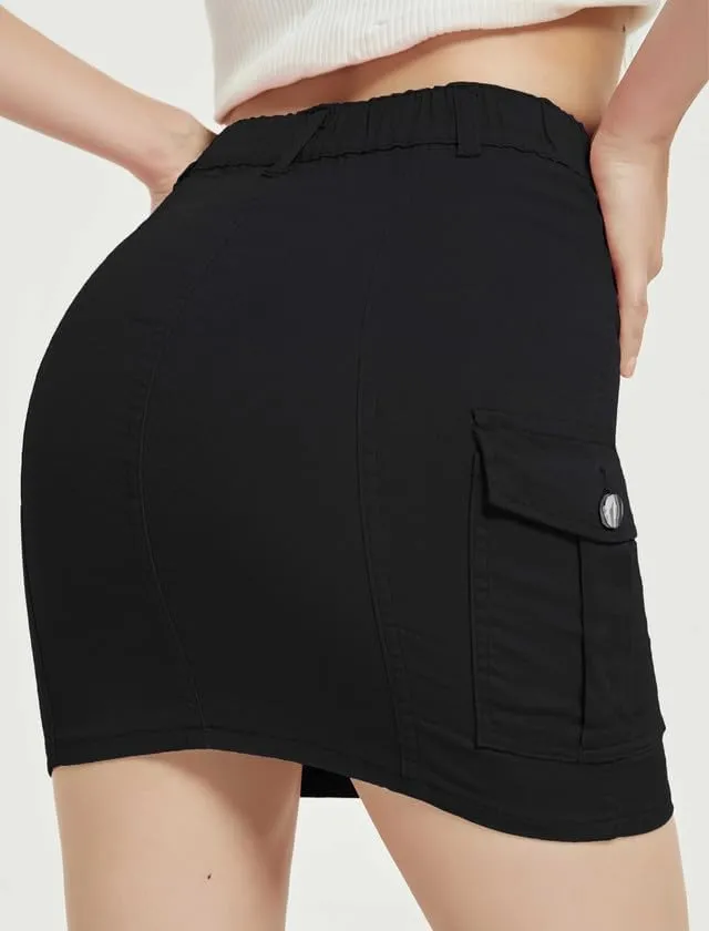 Mebius Women's Low Rise Mini Cargo Skirt Denim Jean Bodycon Button Y2K Short Micro Skirts with Pockets Sexy Cute
