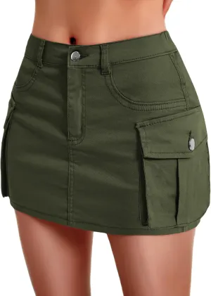 Mebius Women's Low Rise Mini Cargo Skirt Denim Jean Bodycon Button Y2K Short Micro Skirts with Pockets Sexy Cute