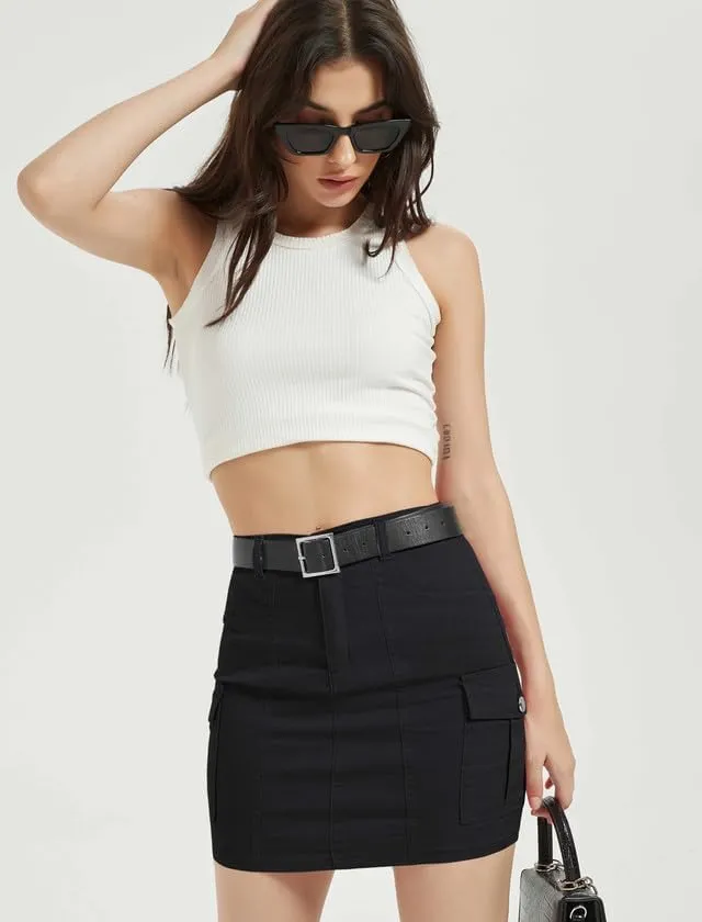 Mebius Women's Low Rise Mini Cargo Skirt Denim Jean Bodycon Button Y2K Short Micro Skirts with Pockets Sexy Cute