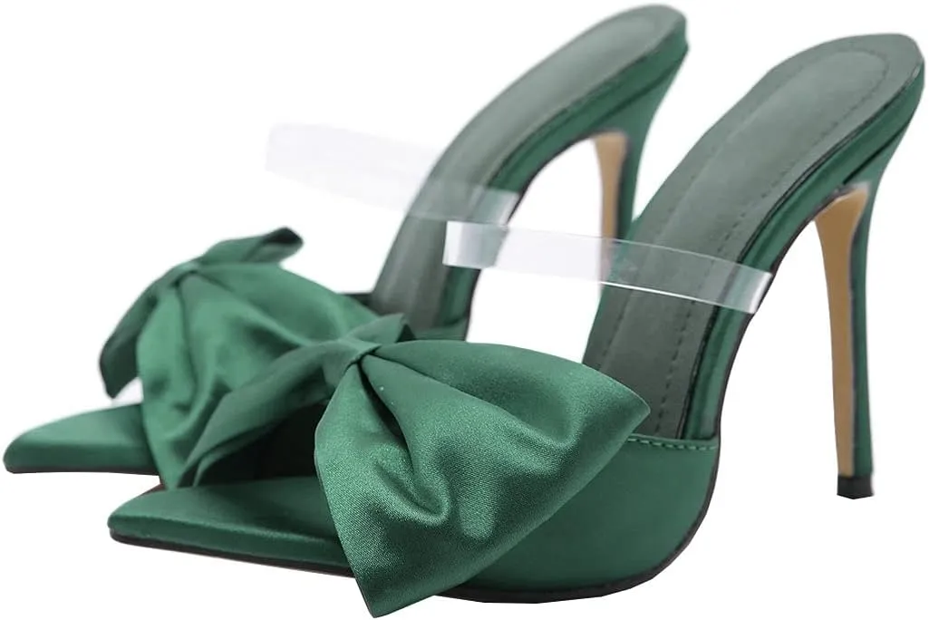 Meefit Women Stiletto Slides High Heels Mules Open Toe Slippers with Bow Sexy Transparent Slip On Sandals