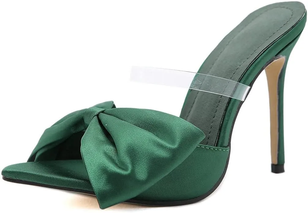 Meefit Women Stiletto Slides High Heels Mules Open Toe Slippers with Bow Sexy Transparent Slip On Sandals