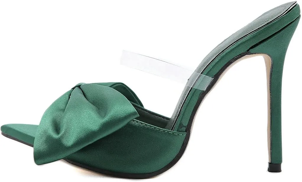 Meefit Women Stiletto Slides High Heels Mules Open Toe Slippers with Bow Sexy Transparent Slip On Sandals