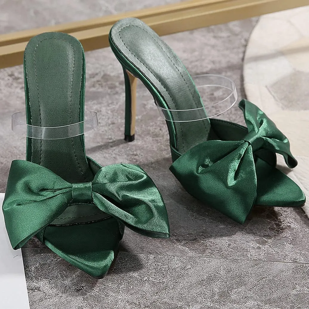 Meefit Women Stiletto Slides High Heels Mules Open Toe Slippers with Bow Sexy Transparent Slip On Sandals