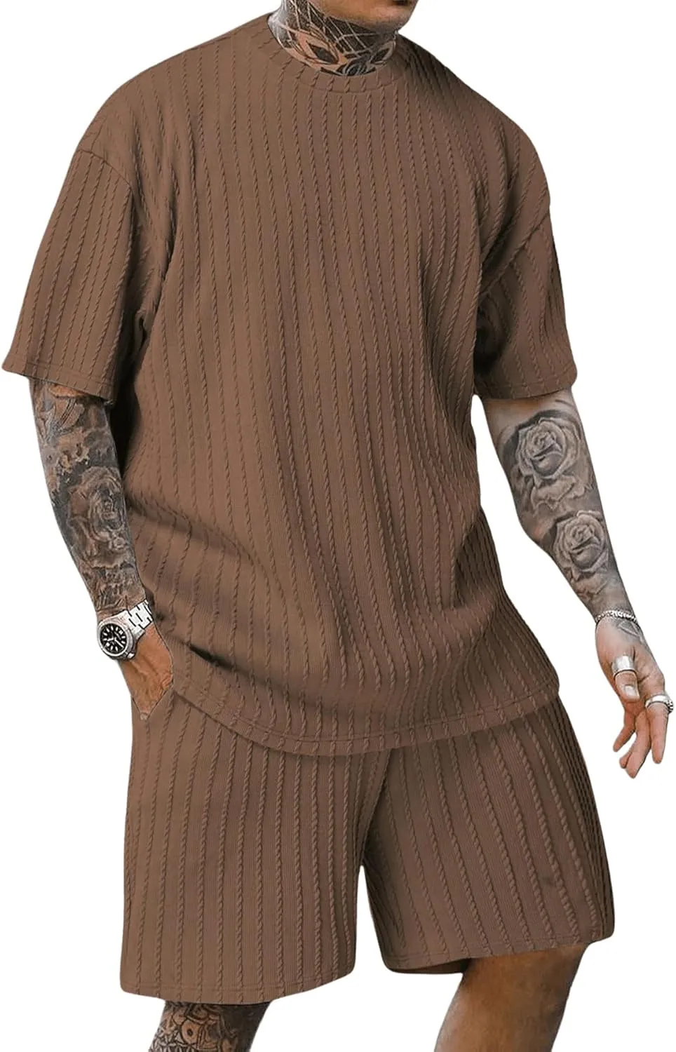 Men's 2 Piece Outfits Textured Drop Shoulder T Shirt and Short Sets Summer Outfits Tracksuit