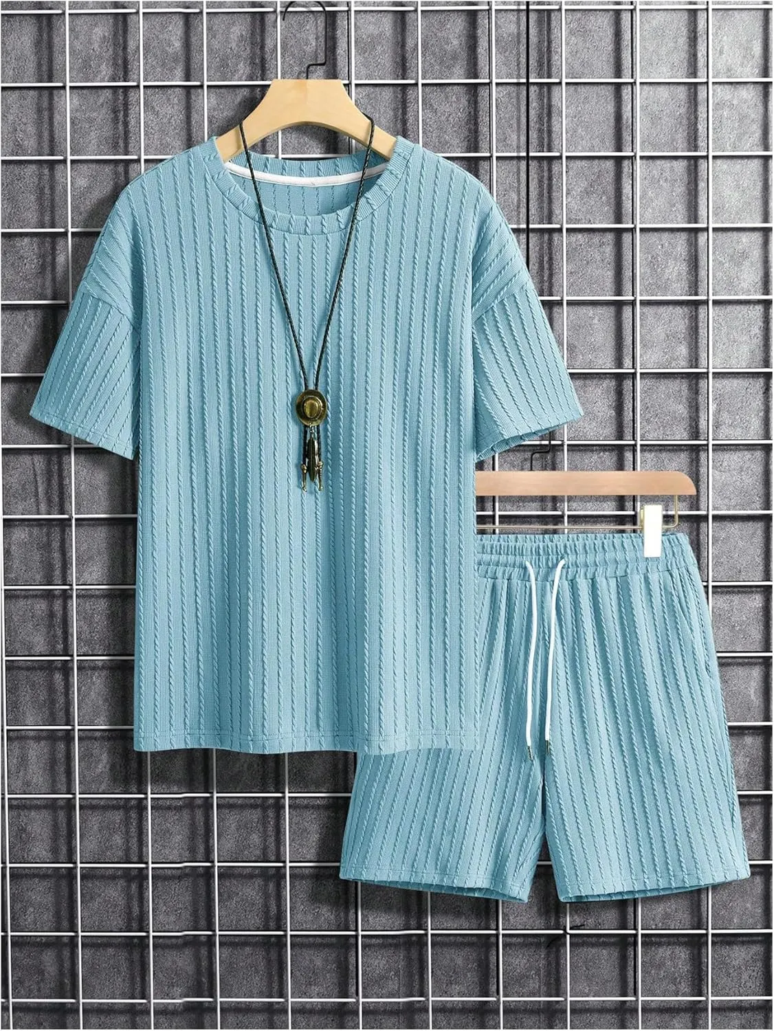 Men's 2 Piece Outfits Textured Drop Shoulder T Shirt and Short Sets Summer Outfits Tracksuit