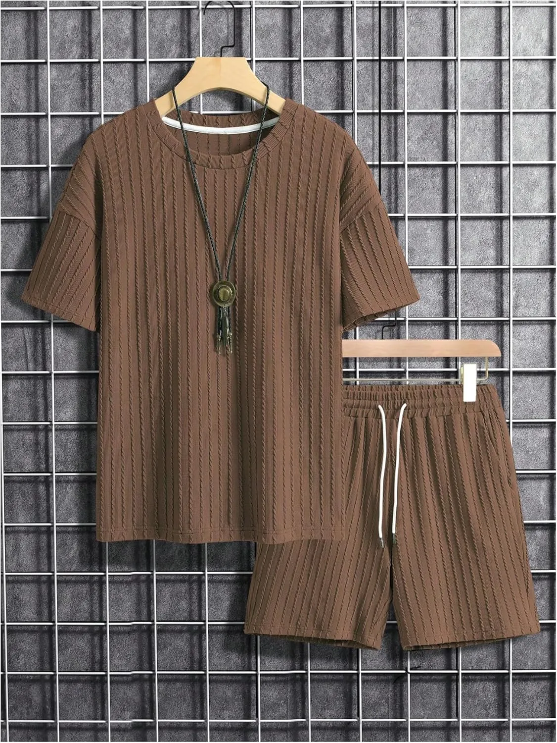 Men's 2 Piece Outfits Textured Drop Shoulder T Shirt and Short Sets Summer Outfits Tracksuit