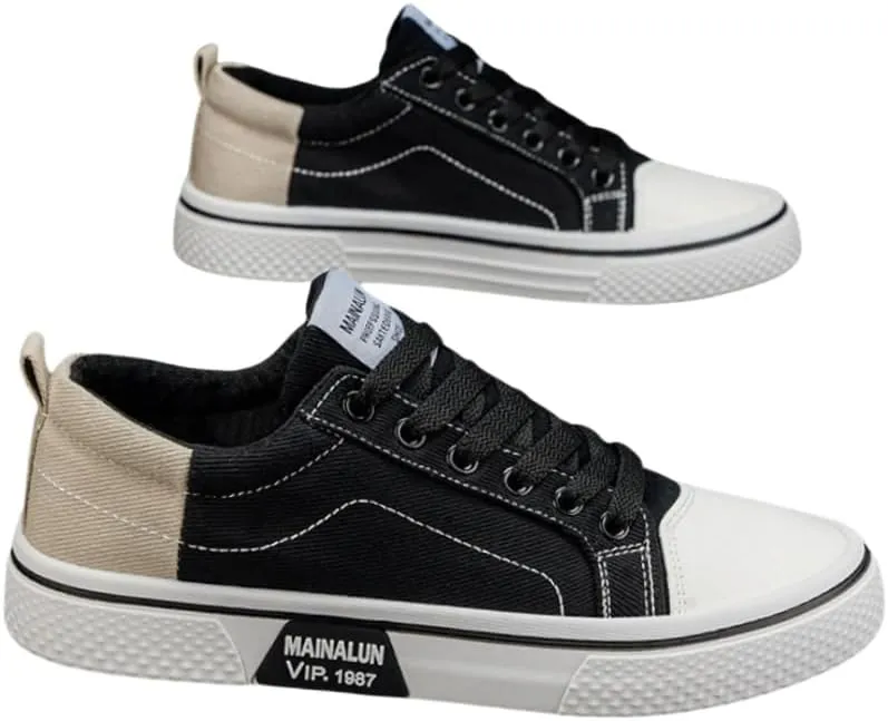 Men's Breathable Canvas Sneakers - Casual Low-Top Lace-Up Shoes with Non-Slip PVC Sole, Two-Tone Orange & Beige Design, Comfortable for All Seasons, Everyday | Twotone Design | Durable PVC Sole, (Black,8)