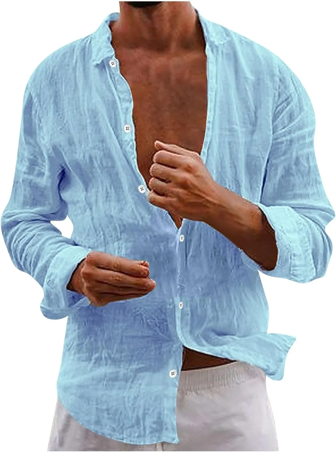Mens Casual Long Sleeve Cotton Linen Shirts Fashion Summer Tops Regular Fit Plain Holiday Beach Button Down Tshirt