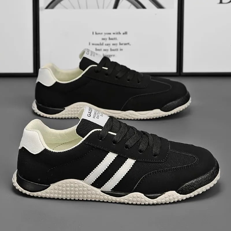 Men's Casual Sneakers - White with Black Stripes, Rubber Base, Lace-Up, All-Season Footwear, Casual Walking Shoes|Casual Laceup Shoes|Rubber Base Sneakers