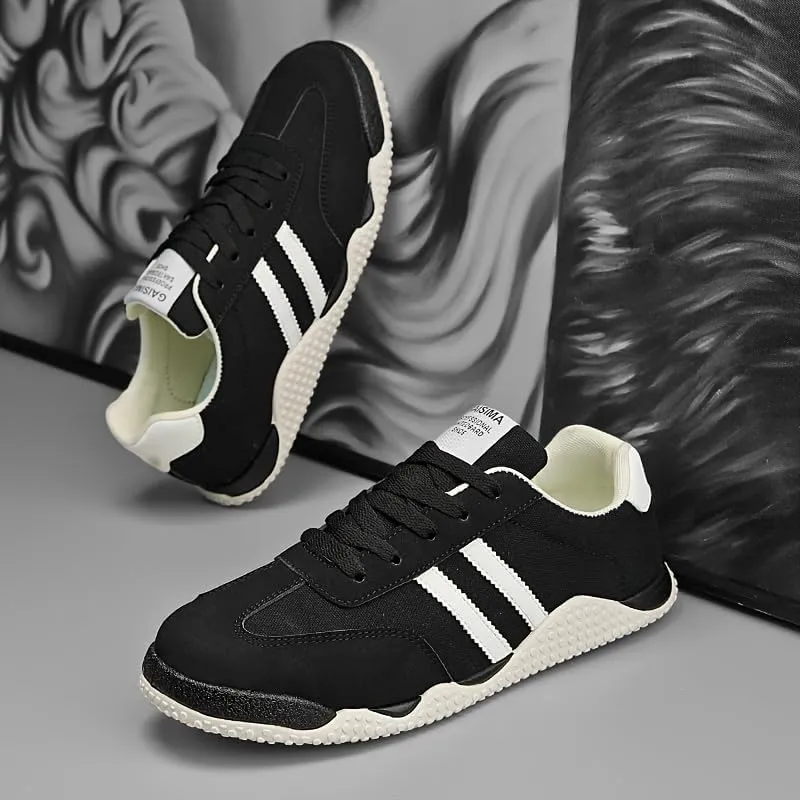 Men's Casual Sneakers - White with Black Stripes, Rubber Base, Lace-Up, All-Season Footwear, Casual Walking Shoes|Casual Laceup Shoes|Rubber Base Sneakers