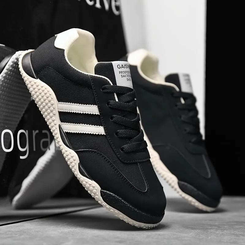 Men's Casual Sneakers - White with Black Stripes, Rubber Base, Lace-Up, All-Season Footwear, Casual Walking Shoes|Casual Laceup Shoes|Rubber Base Sneakers