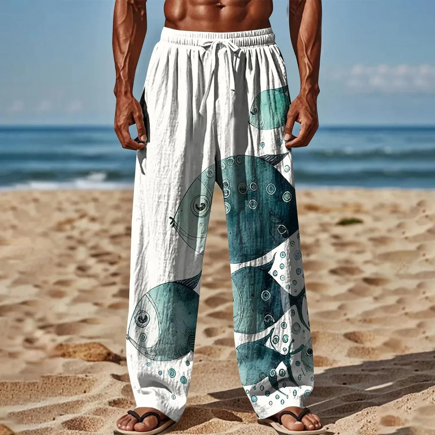 Men's Drawstring Linen Pants Loose Fit Casual Summer Elastic Waist Drawstring Baggy Trousers Elastic Waist Trousers