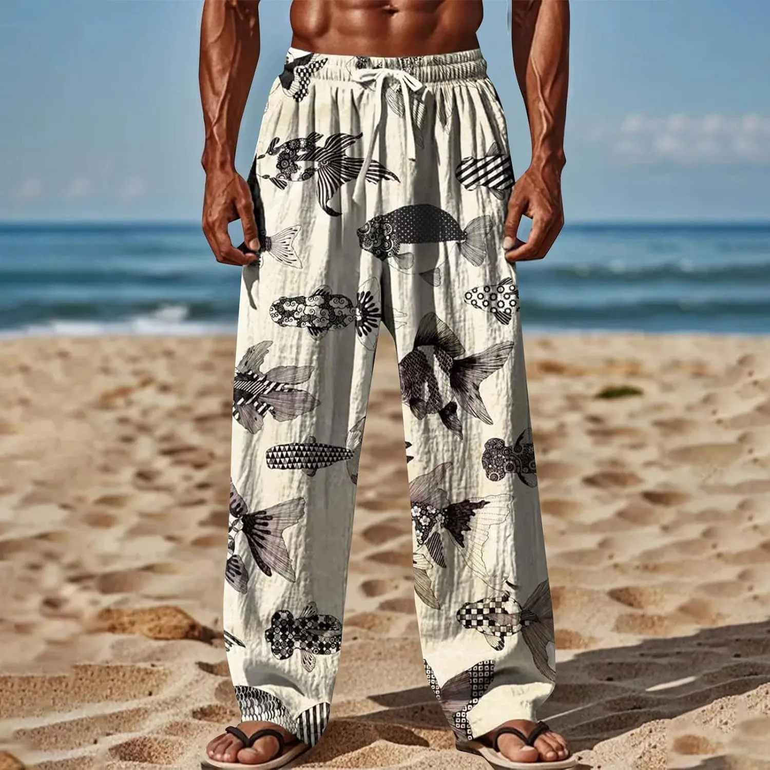 Men's Drawstring Linen Pants Loose Fit Casual Summer Elastic Waist Drawstring Baggy Trousers Elastic Waist Trousers