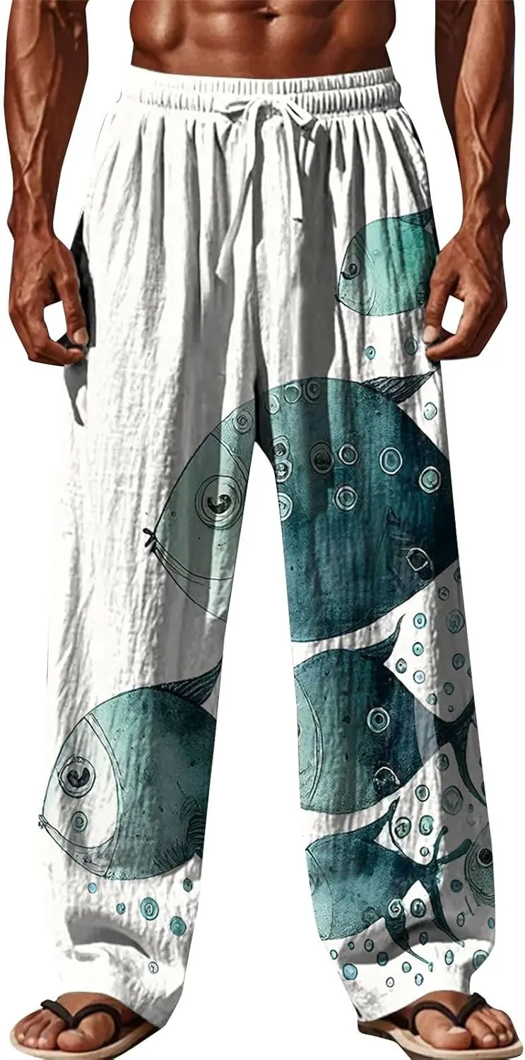 Men's Drawstring Linen Pants Loose Fit Casual Summer Elastic Waist Drawstring Baggy Trousers Elastic Waist Trousers