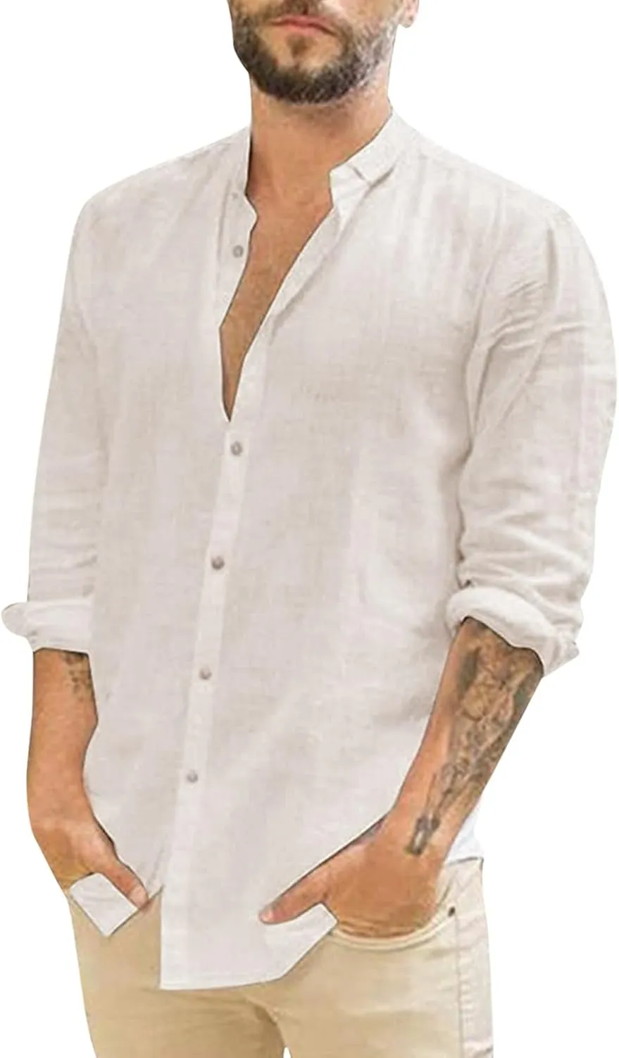 Men's Long Sleeve Linen Button Down Shirt Beach Casual Dress Shirts Summer Lightweight Cotton Linen Shirt Tops