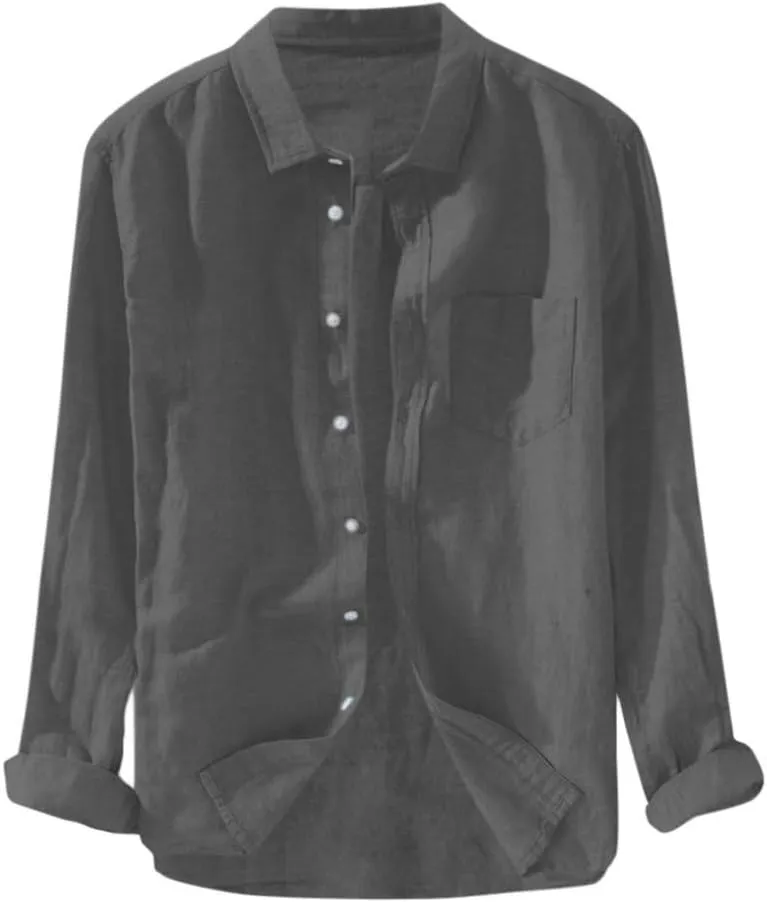 Mens Long Sleeve Linen Shirts Button Down Cotton Linen Blouses Summer Solid Beach Tee Henley Shirts