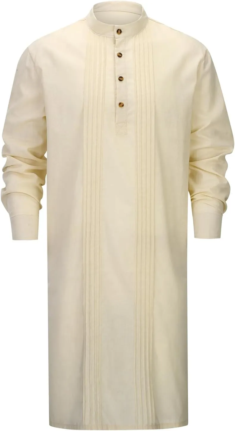 Men's Long Sleeve Stand Collar Kaftan Thobe Button Down Henley Robe Casual Side Slit Front Pleated Gown Shirt Tops