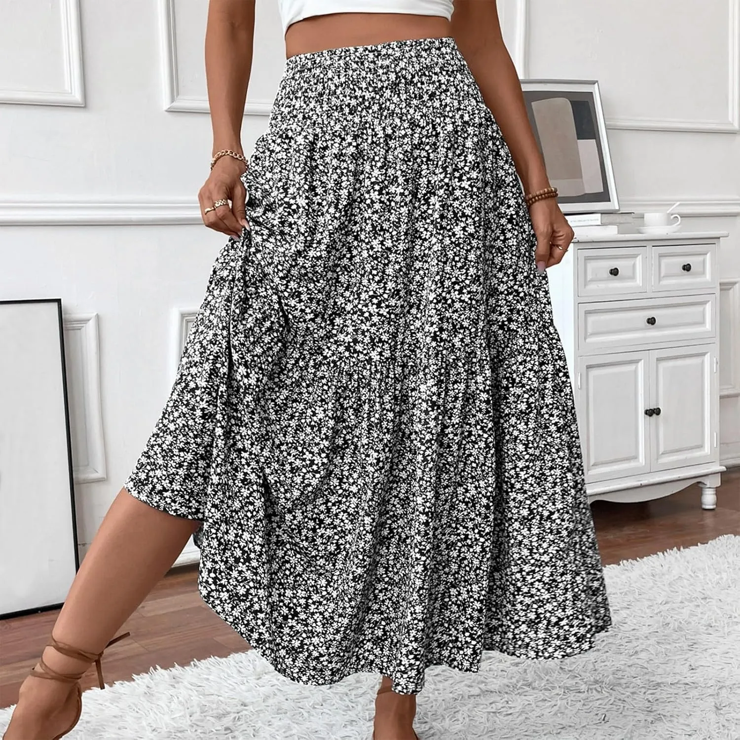 midelxp Boho Maxi Skirt for Women Summer Floral Smocked High Waisted Skirts with Pockets Vacation A-Line Long Flowy Skirts