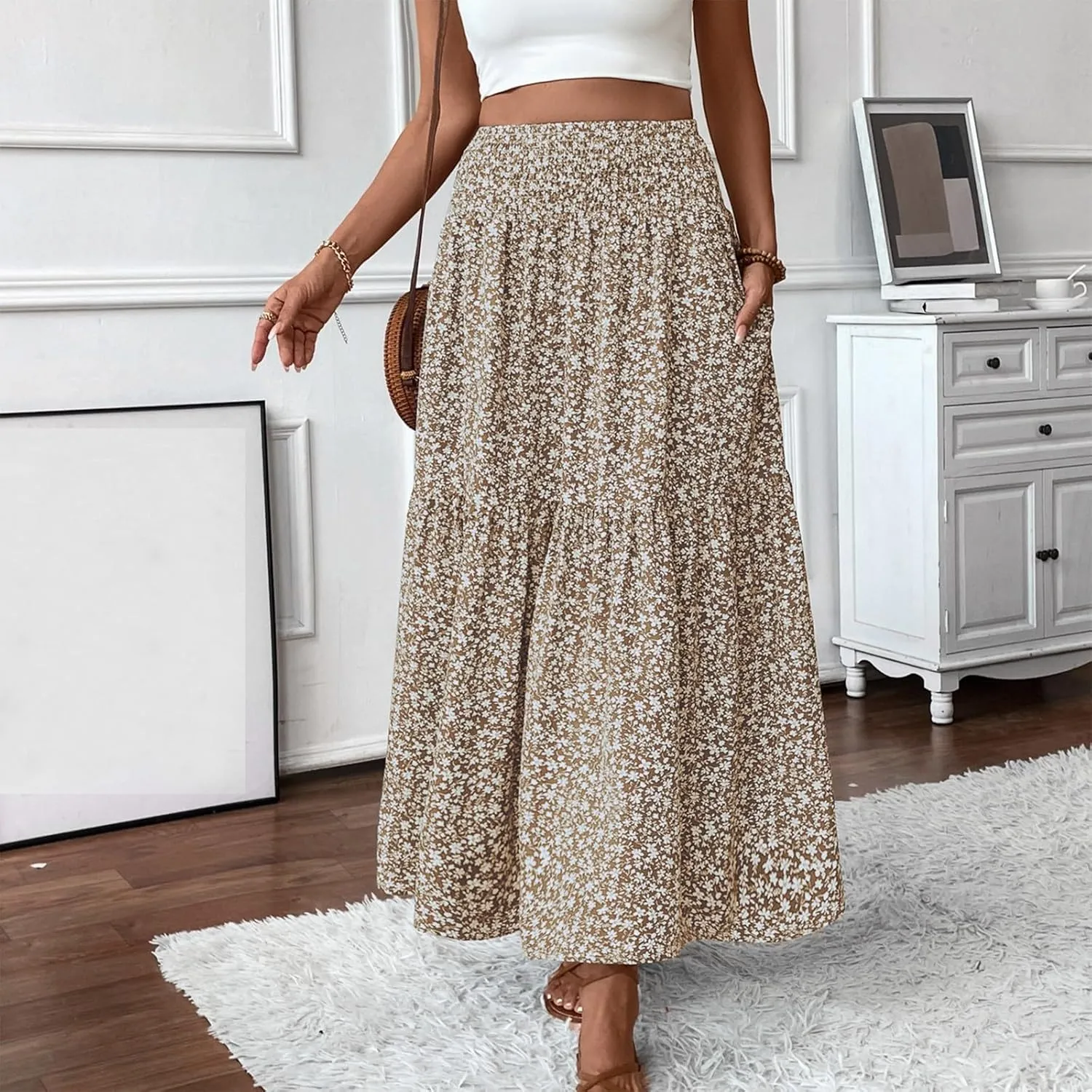 midelxp Boho Maxi Skirt for Women Summer Floral Smocked High Waisted Skirts with Pockets Vacation A-Line Long Flowy Skirts
