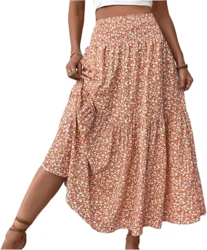 midelxp Boho Maxi Skirt for Women Summer Floral Smocked High Waisted Skirts with Pockets Vacation A-Line Long Flowy Skirts