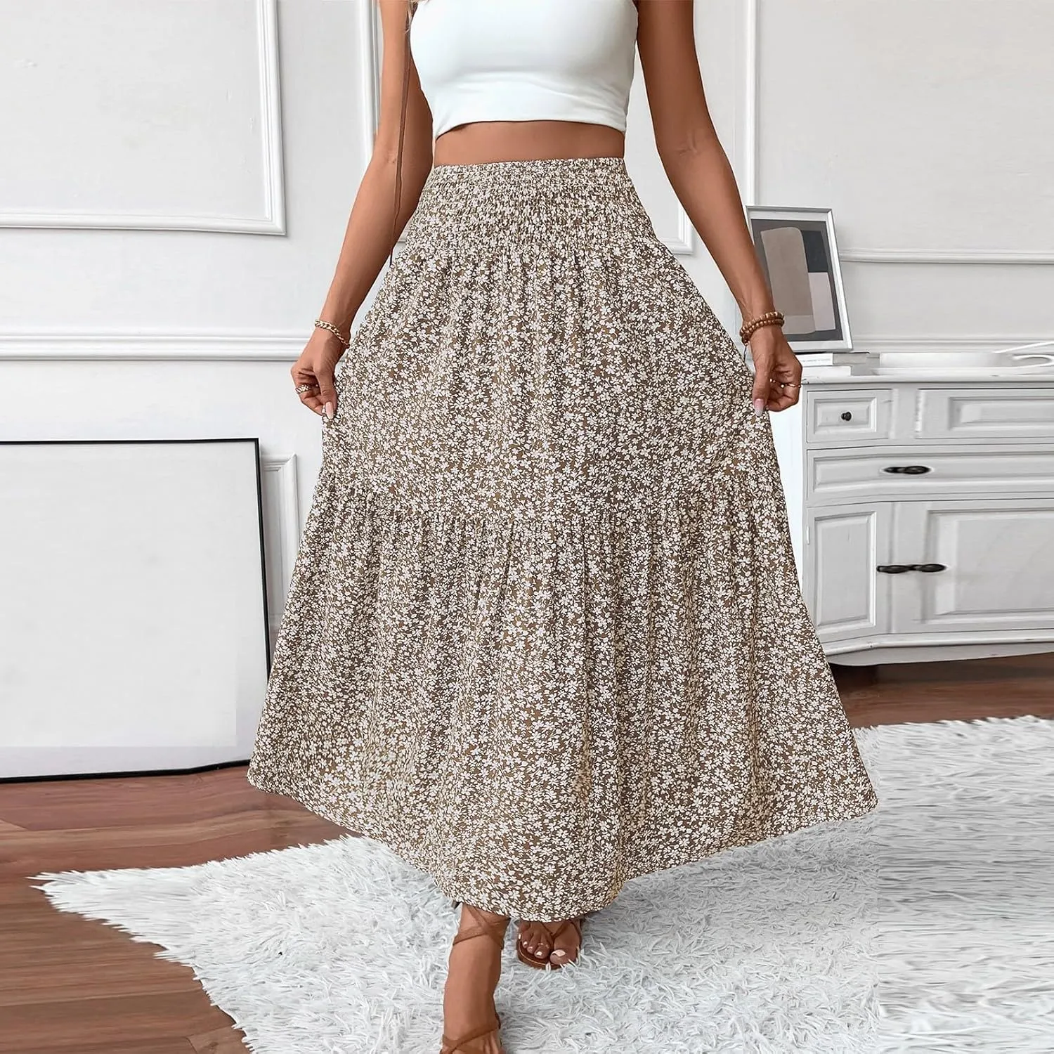 midelxp Boho Maxi Skirt for Women Summer Floral Smocked High Waisted Skirts with Pockets Vacation A-Line Long Flowy Skirts