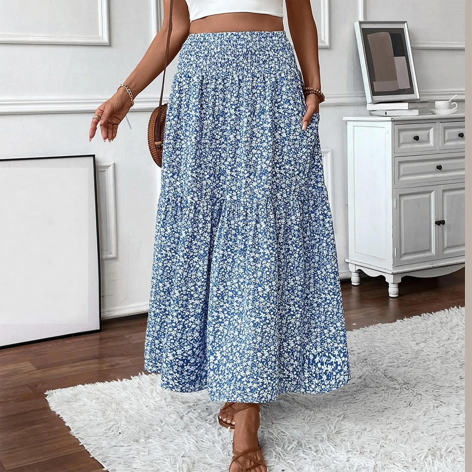 midelxp Boho Maxi Skirt for Women Summer Floral Smocked High Waisted Skirts with Pockets Vacation A-Line Long Flowy Skirts