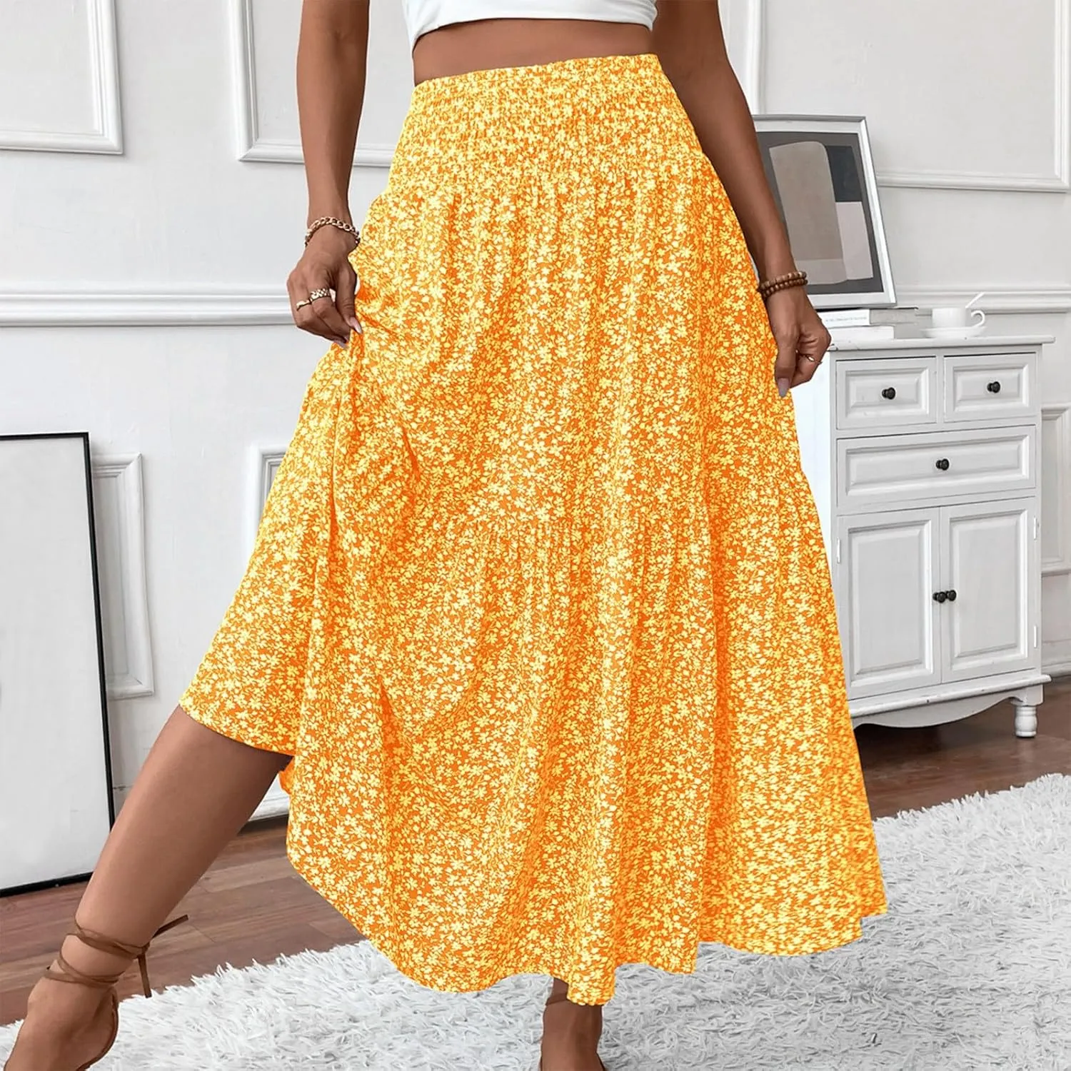 midelxp Boho Maxi Skirt for Women Summer Floral Smocked High Waisted Skirts with Pockets Vacation A-Line Long Flowy Skirts