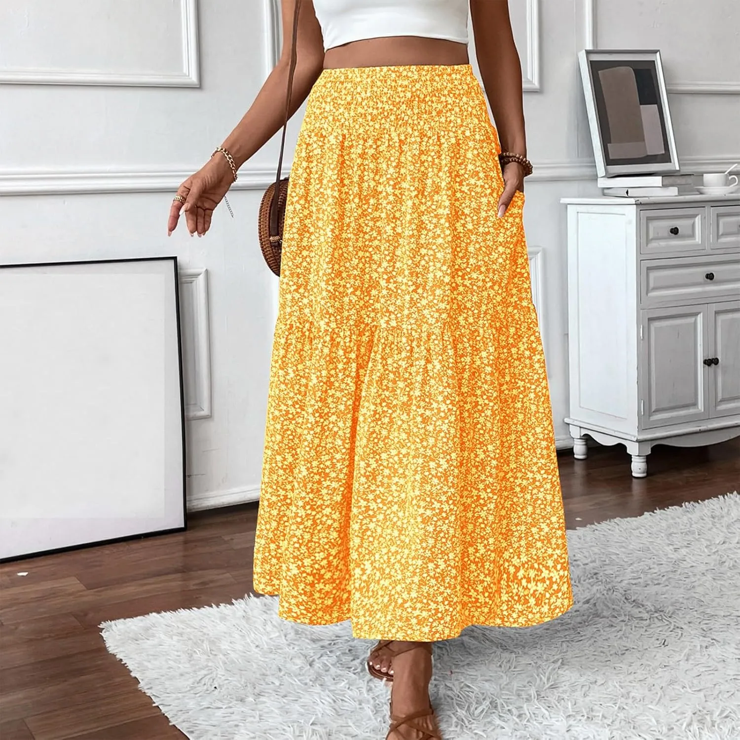 midelxp Boho Maxi Skirt for Women Summer Floral Smocked High Waisted Skirts with Pockets Vacation A-Line Long Flowy Skirts
