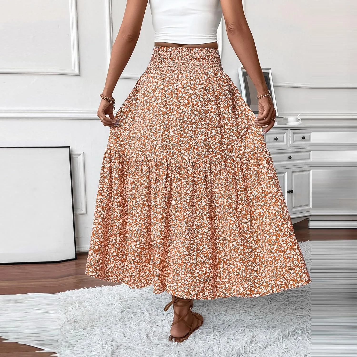 midelxp Boho Maxi Skirt for Women Summer Floral Smocked High Waisted Skirts with Pockets Vacation A-Line Long Flowy Skirts