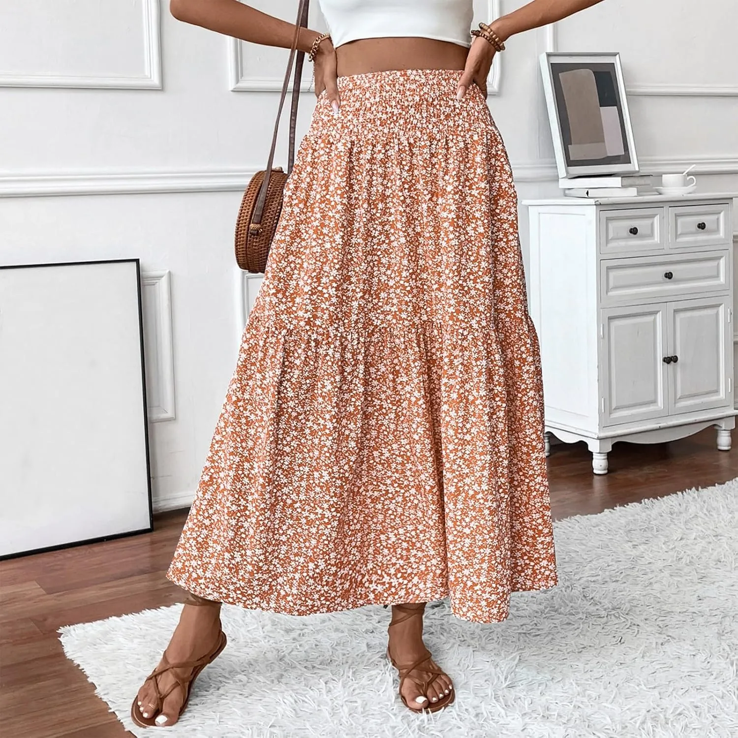 midelxp Boho Maxi Skirt for Women Summer Floral Smocked High Waisted Skirts with Pockets Vacation A-Line Long Flowy Skirts