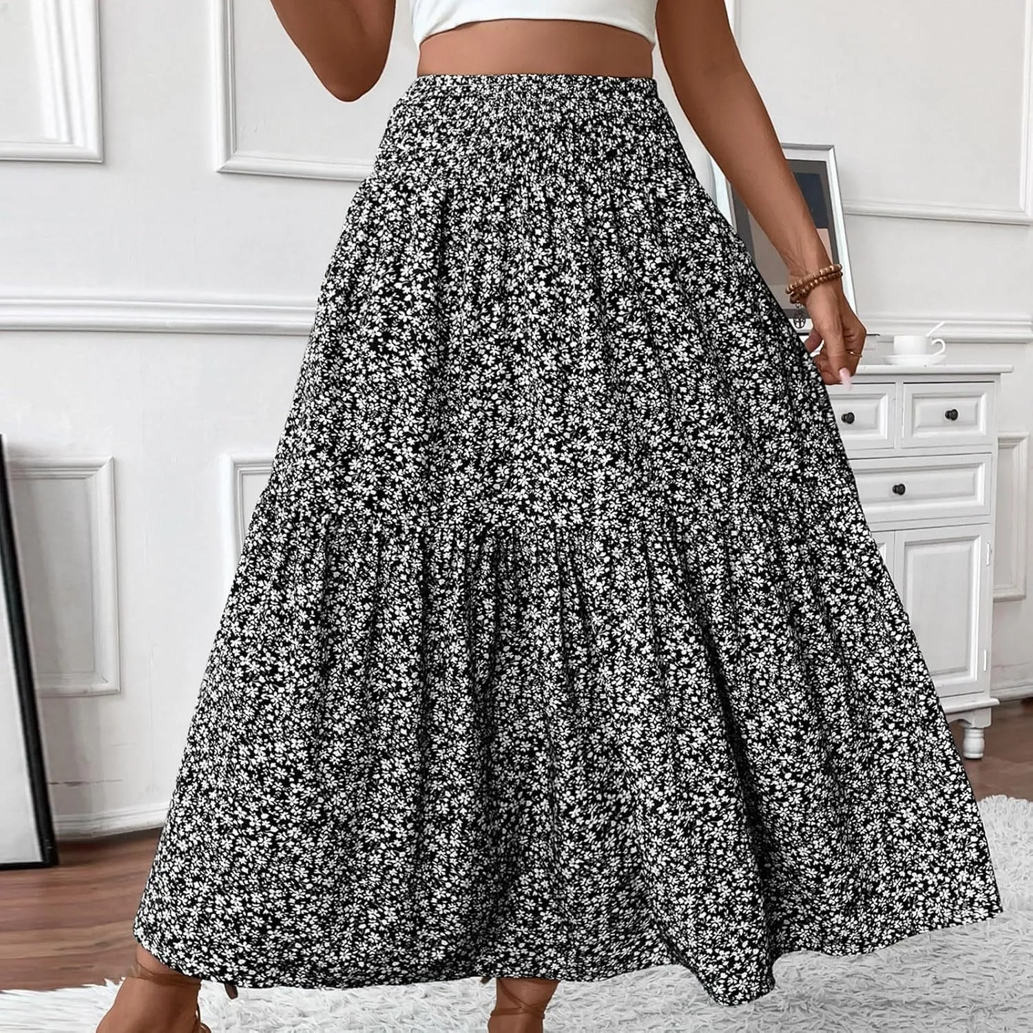 midelxp Boho Maxi Skirt for Women Summer Floral Smocked High Waisted Skirts with Pockets Vacation A-Line Long Flowy Skirts
