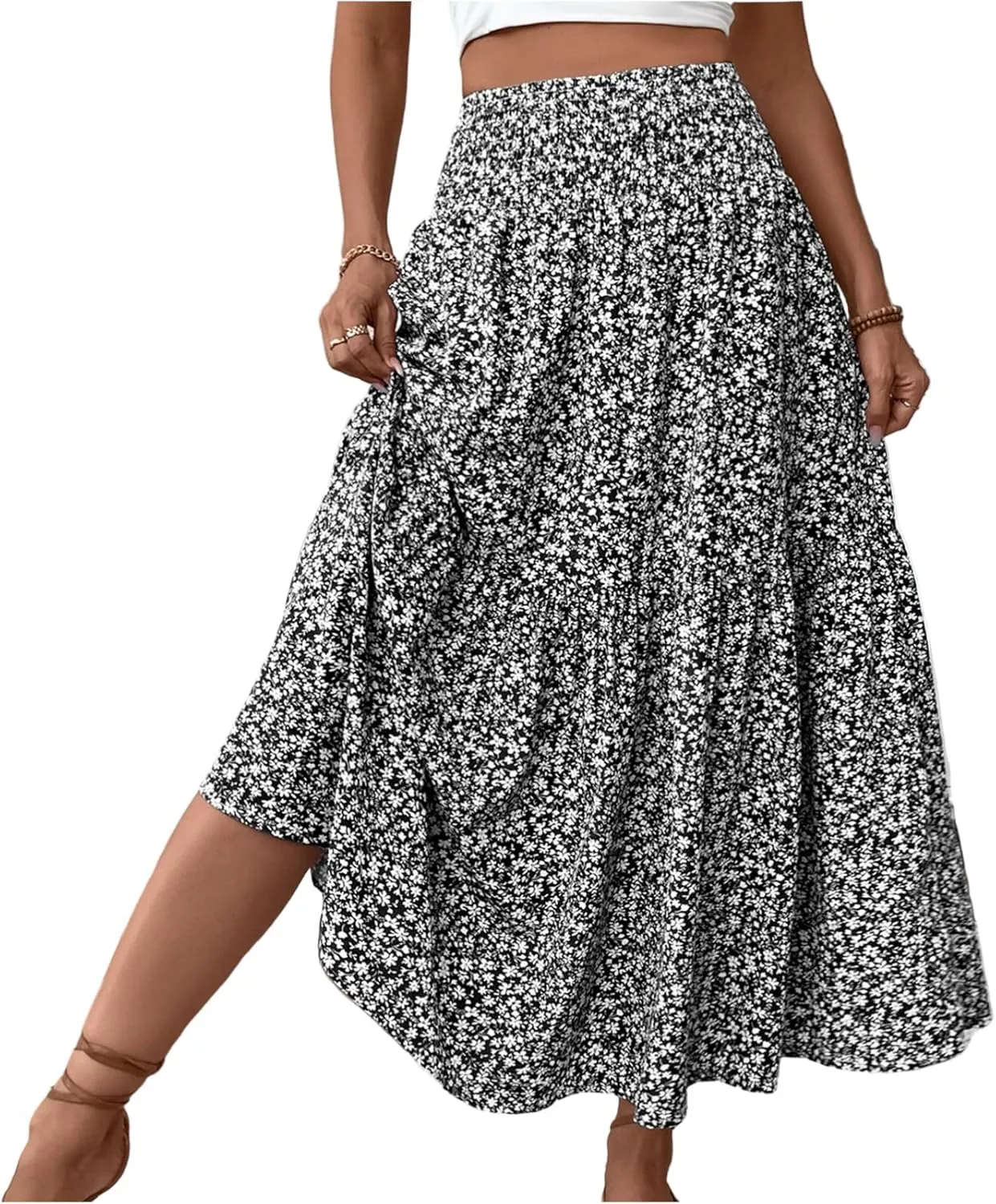 midelxp Boho Maxi Skirt for Women Summer Floral Smocked High Waisted Skirts with Pockets Vacation A-Line Long Flowy Skirts
