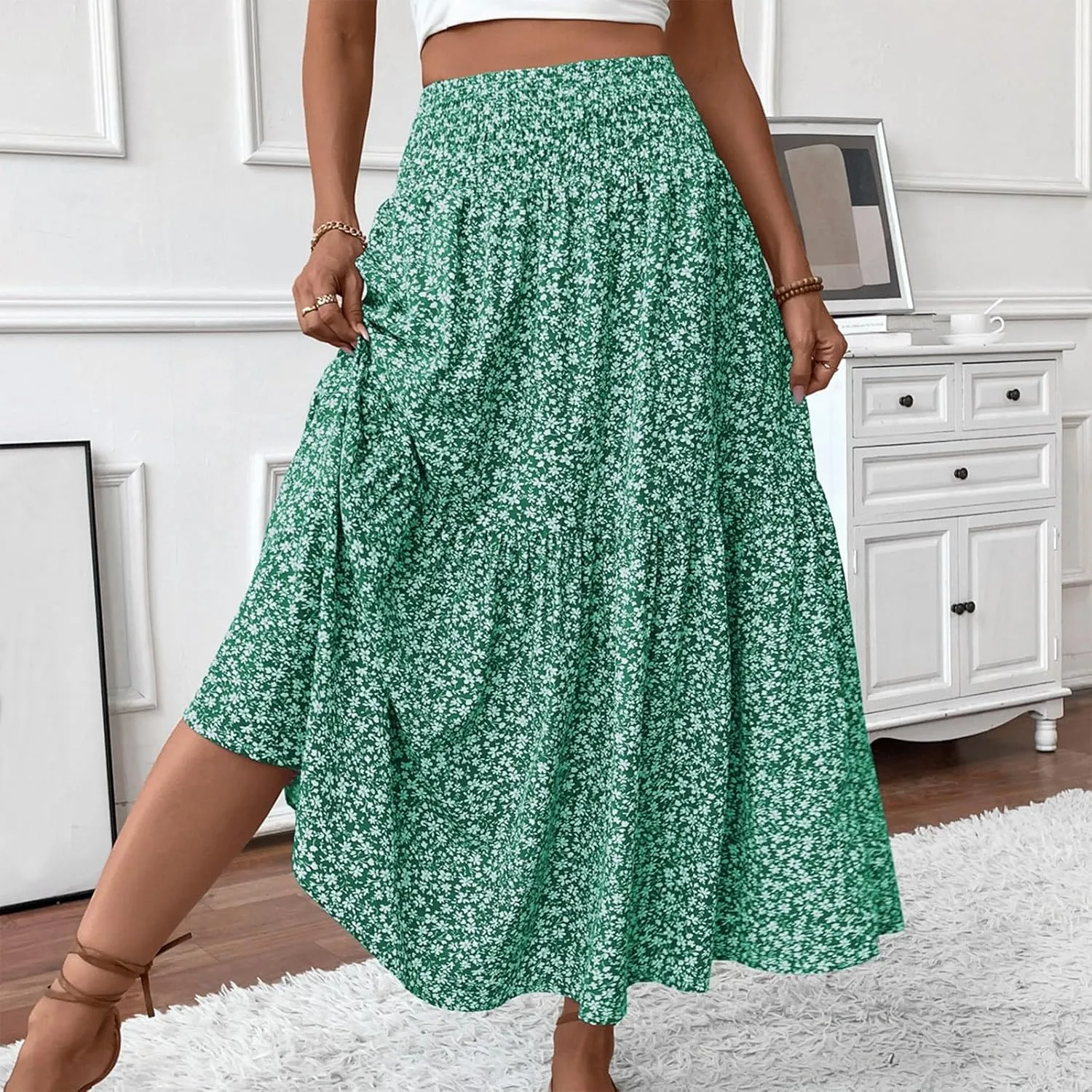 midelxp Boho Maxi Skirt for Women Summer Floral Smocked High Waisted Skirts with Pockets Vacation A-Line Long Flowy Skirts