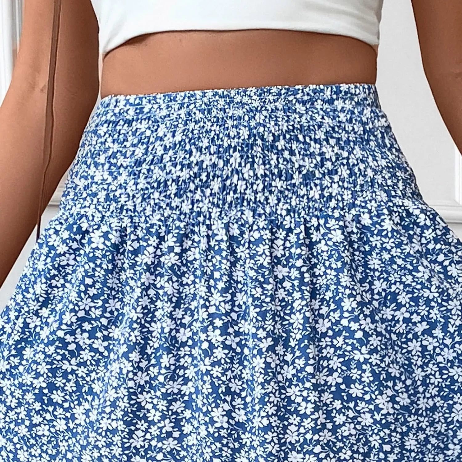 midelxp Boho Maxi Skirt for Women Summer Floral Smocked High Waisted Skirts with Pockets Vacation A-Line Long Flowy Skirts