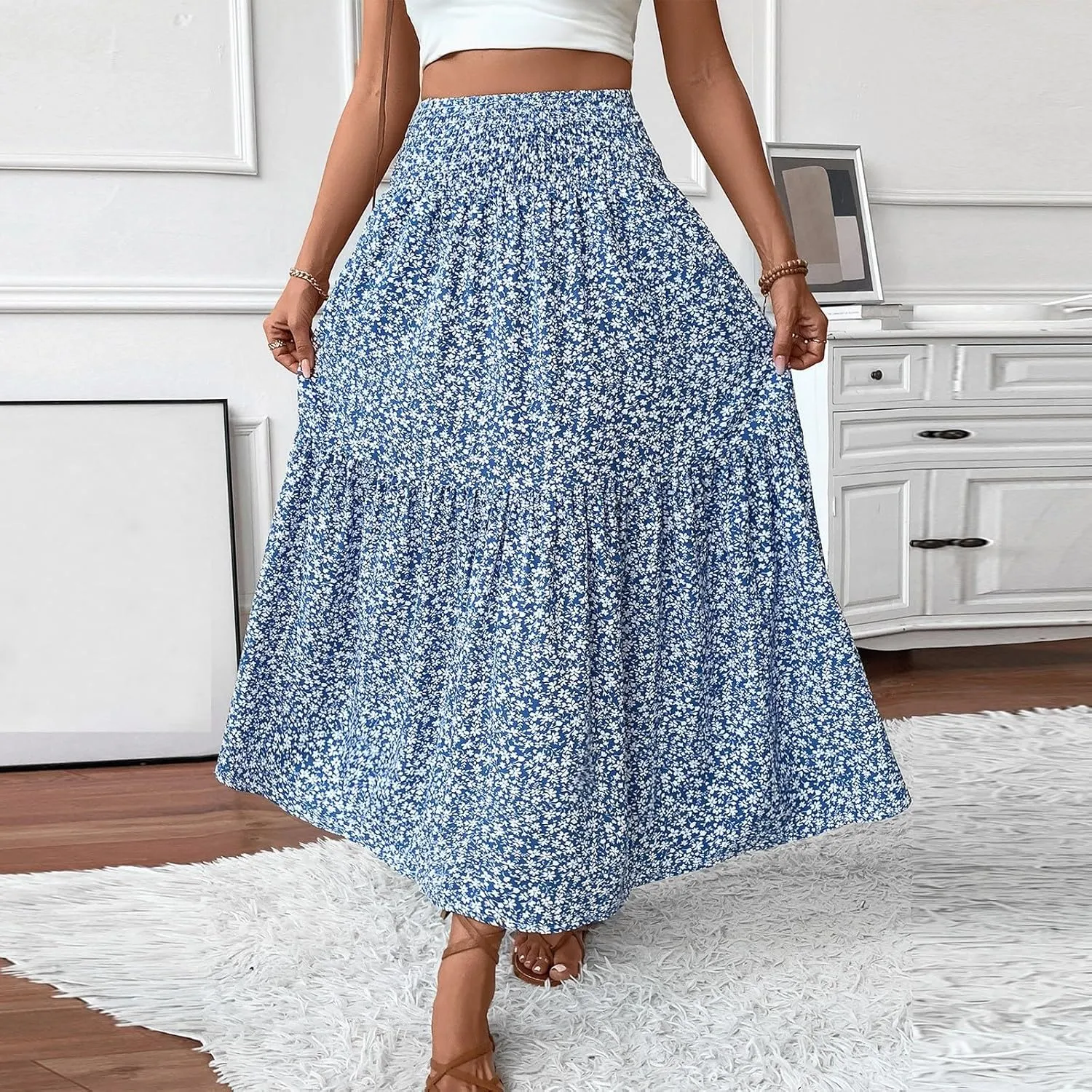 midelxp Boho Maxi Skirt for Women Summer Floral Smocked High Waisted Skirts with Pockets Vacation A-Line Long Flowy Skirts