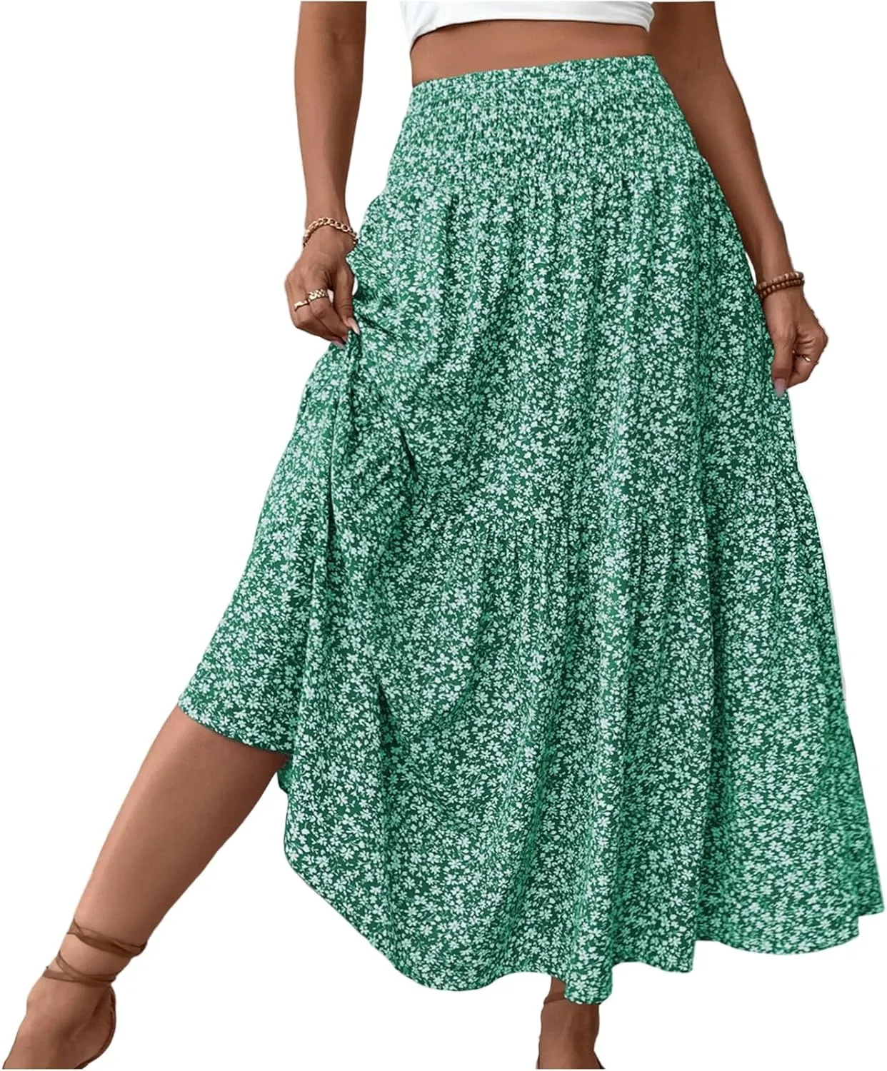 midelxp Boho Maxi Skirt for Women Summer Floral Smocked High Waisted Skirts with Pockets Vacation A-Line Long Flowy Skirts