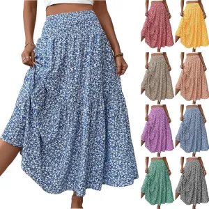 midelxp Boho Maxi Skirt for Women Summer Floral Smocked High Waisted Skirts with Pockets Vacation A-Line Long Flowy Skirts