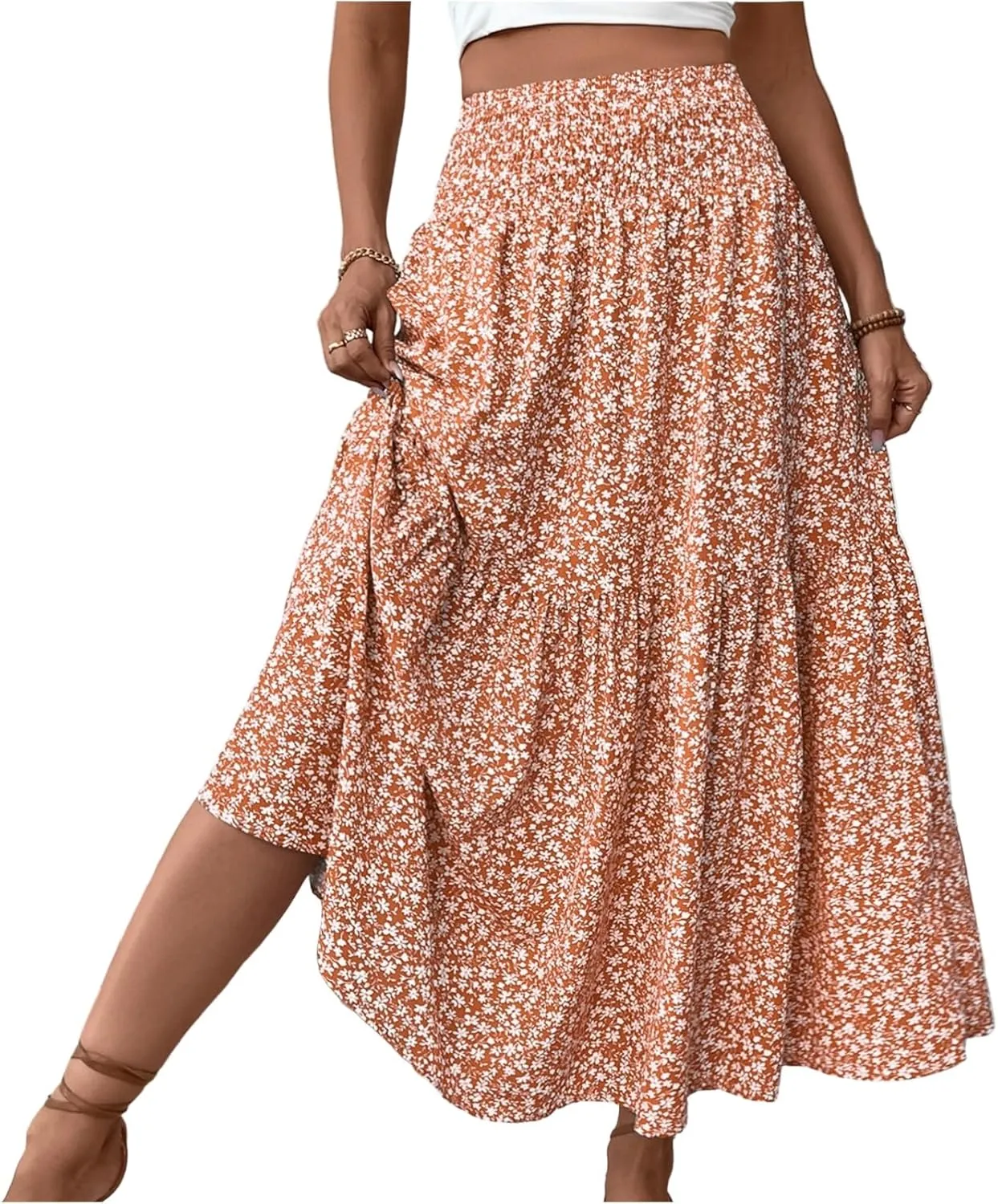 midelxp Boho Maxi Skirt for Women Summer Floral Smocked High Waisted Skirts with Pockets Vacation A-Line Long Flowy Skirts
