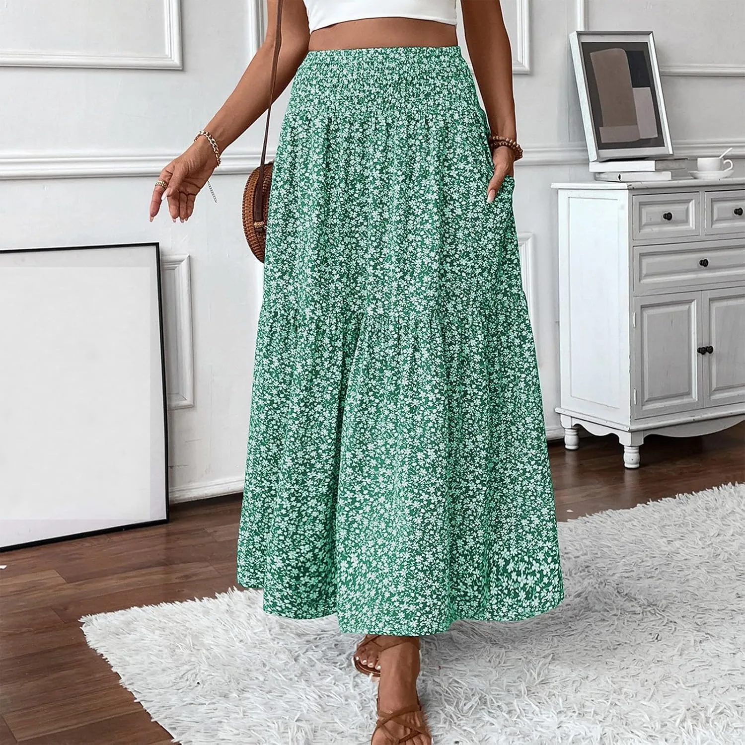 midelxp Boho Maxi Skirt for Women Summer Floral Smocked High Waisted Skirts with Pockets Vacation A-Line Long Flowy Skirts