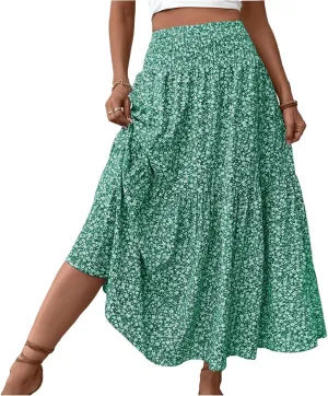 midelxp Boho Maxi Skirt for Women Summer Floral Smocked High Waisted Skirts with Pockets Vacation A-Line Long Flowy Skirts
