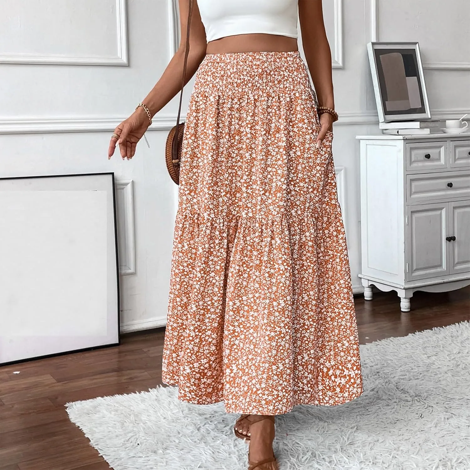 midelxp Boho Maxi Skirt for Women Summer Floral Smocked High Waisted Skirts with Pockets Vacation A-Line Long Flowy Skirts