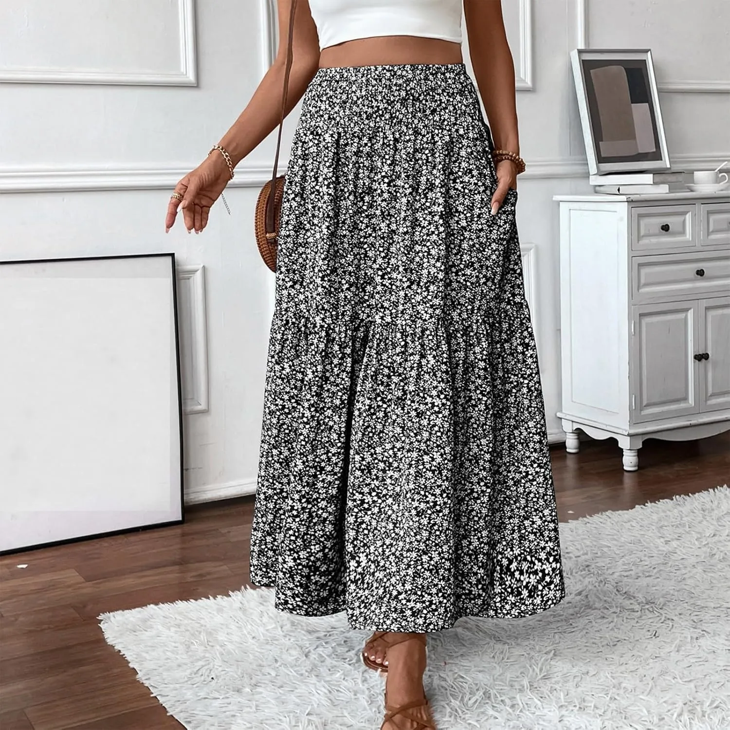 midelxp Boho Maxi Skirt for Women Summer Floral Smocked High Waisted Skirts with Pockets Vacation A-Line Long Flowy Skirts
