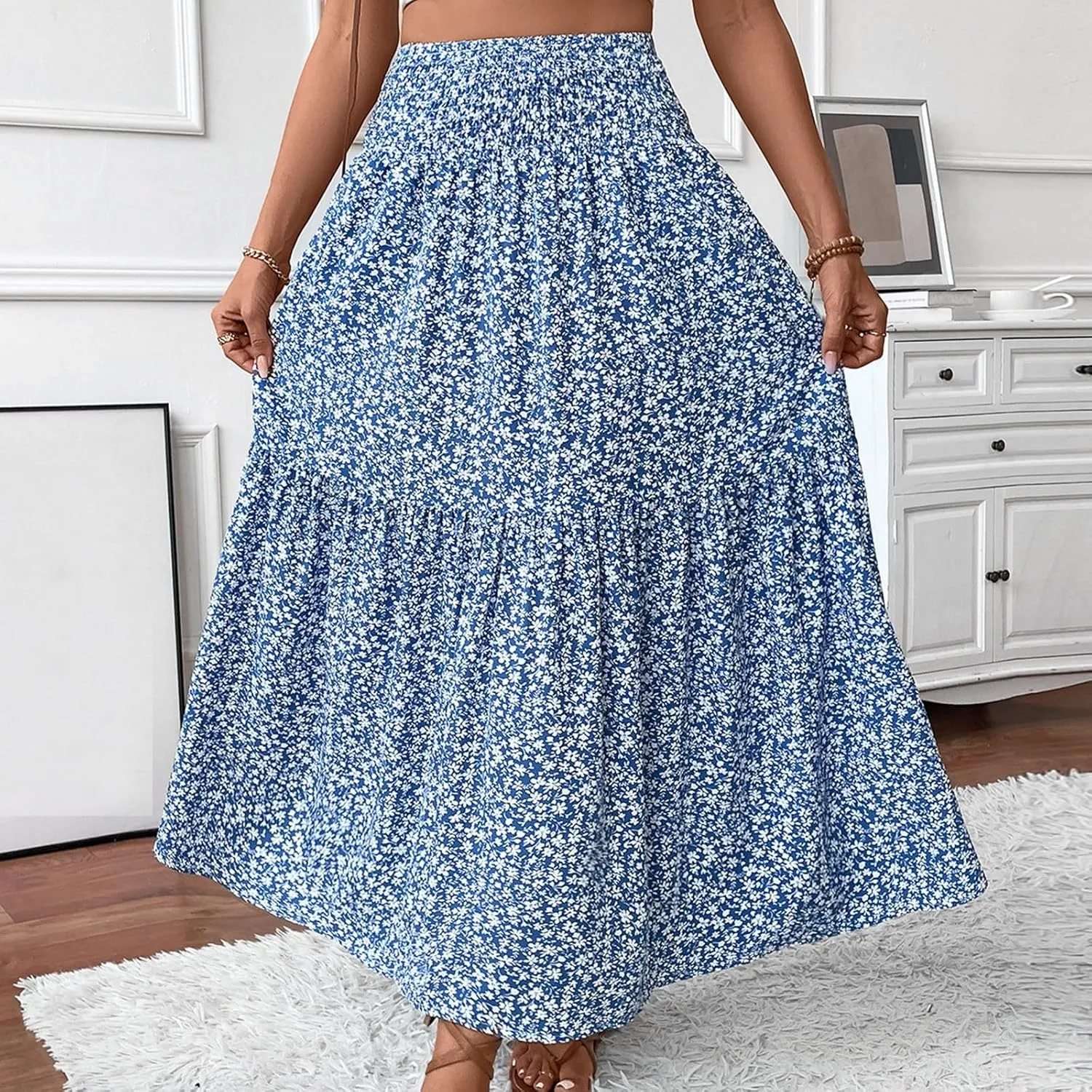 midelxp Boho Maxi Skirt for Women Summer Floral Smocked High Waisted Skirts with Pockets Vacation A-Line Long Flowy Skirts