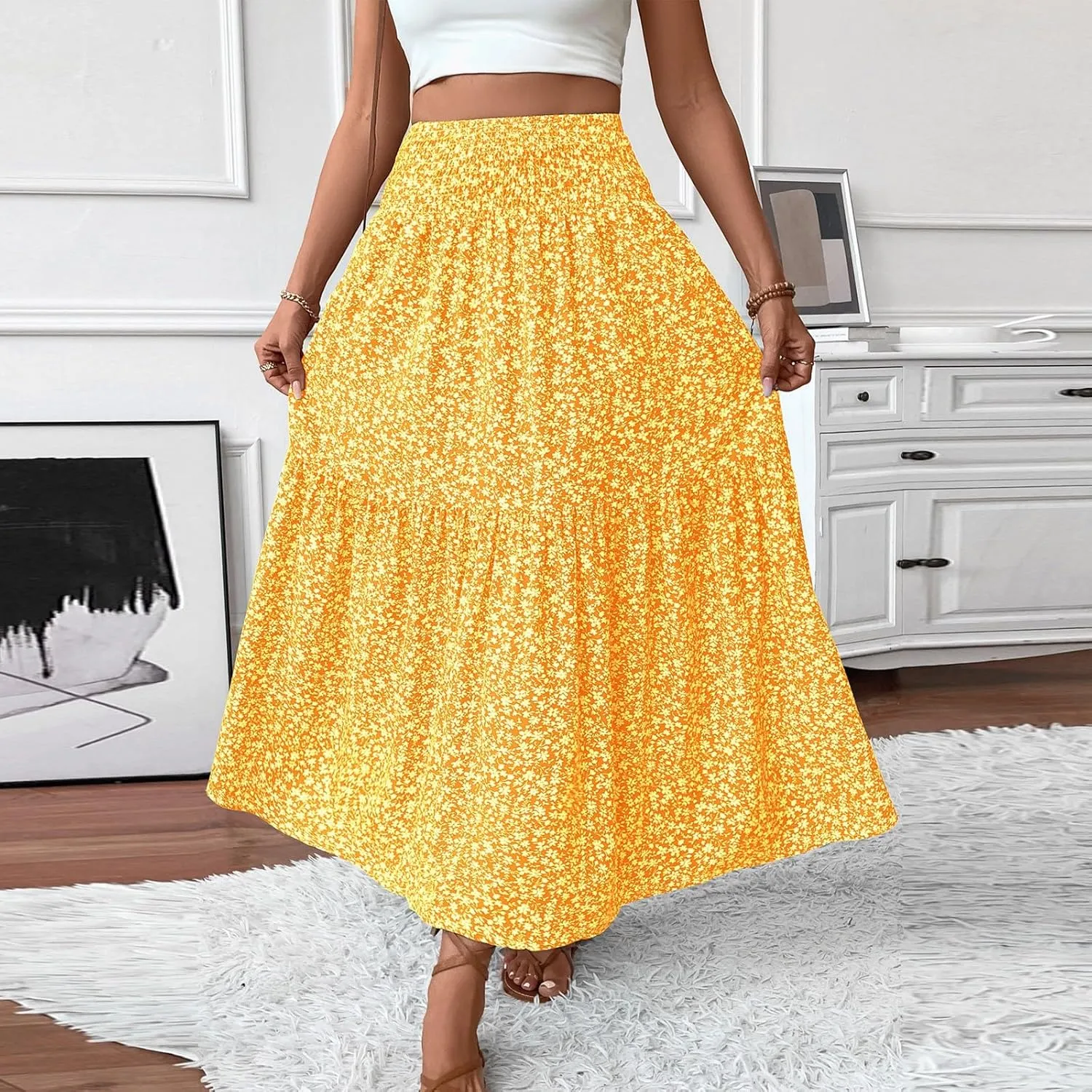 midelxp Boho Maxi Skirt for Women Summer Floral Smocked High Waisted Skirts with Pockets Vacation A-Line Long Flowy Skirts