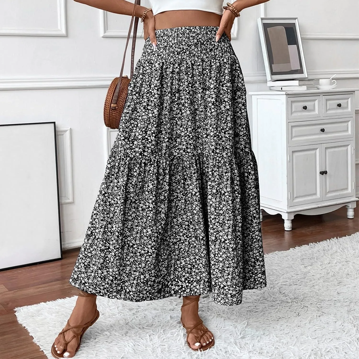 midelxp Boho Maxi Skirt for Women Summer Floral Smocked High Waisted Skirts with Pockets Vacation A-Line Long Flowy Skirts