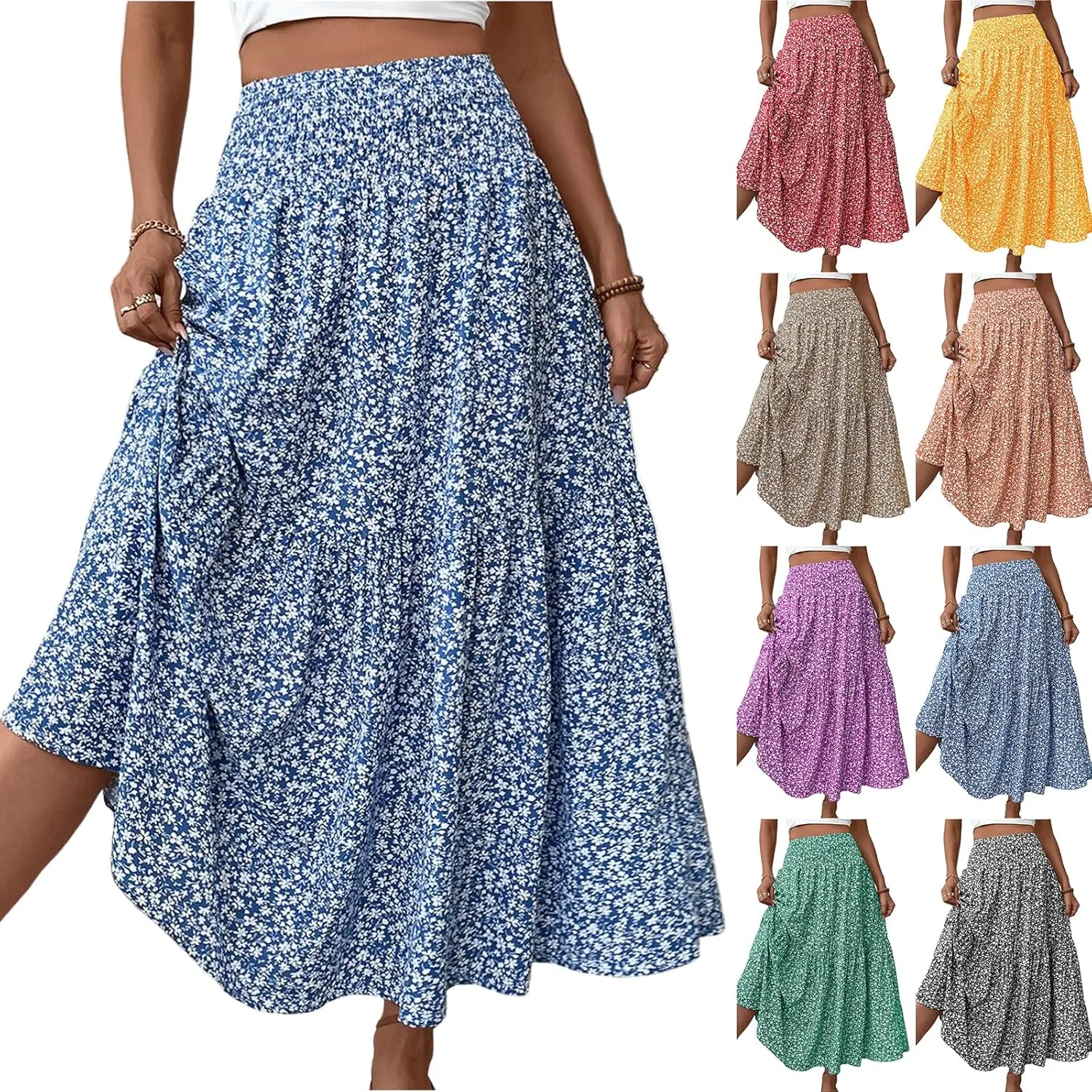 midelxp Boho Maxi Skirt for Women Summer Floral Smocked High Waisted Skirts with Pockets Vacation A-Line Long Flowy Skirts