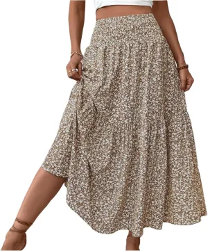 midelxp Boho Maxi Skirt for Women Summer Floral Smocked High Waisted Skirts with Pockets Vacation A-Line Long Flowy Skirts