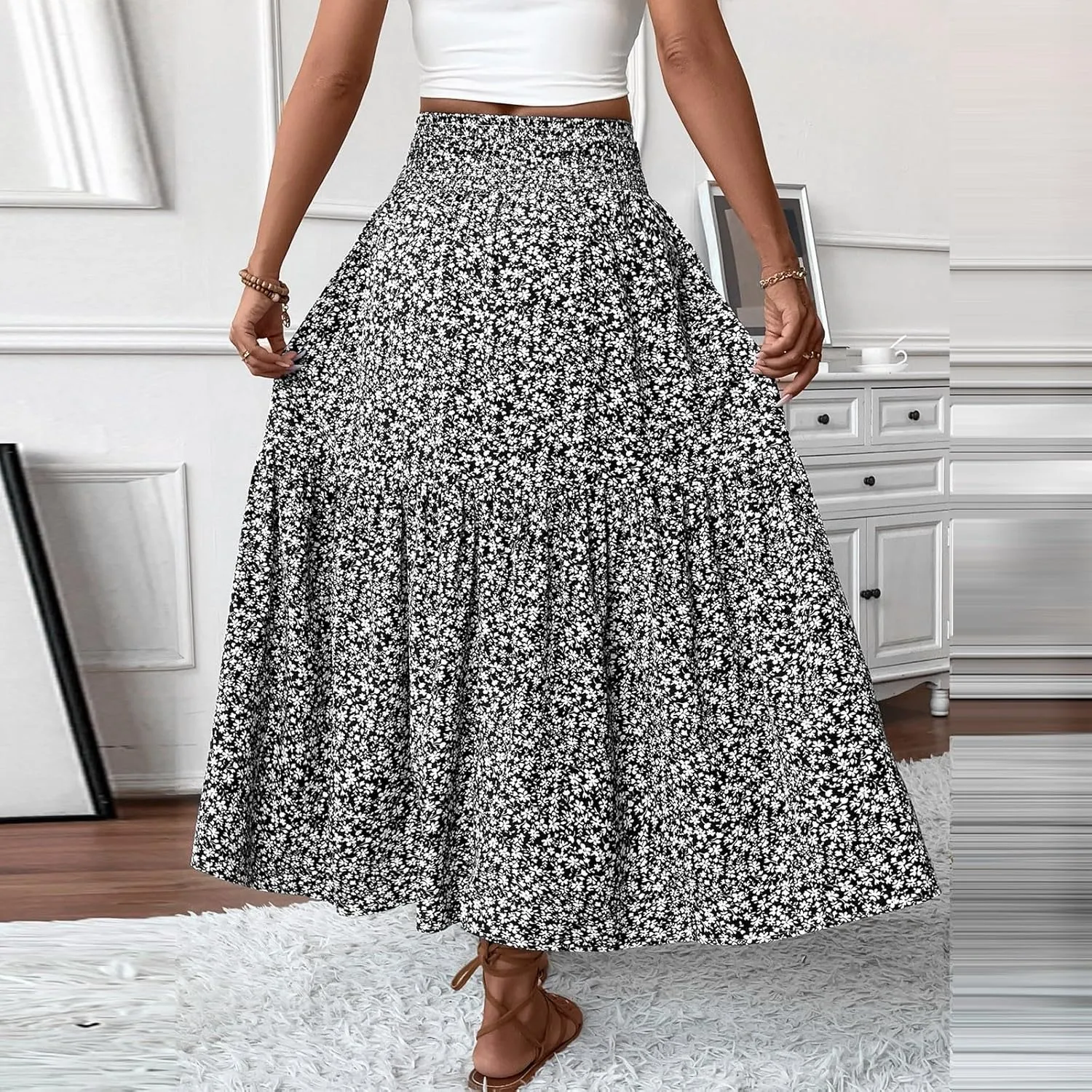 midelxp Boho Maxi Skirt for Women Summer Floral Smocked High Waisted Skirts with Pockets Vacation A-Line Long Flowy Skirts