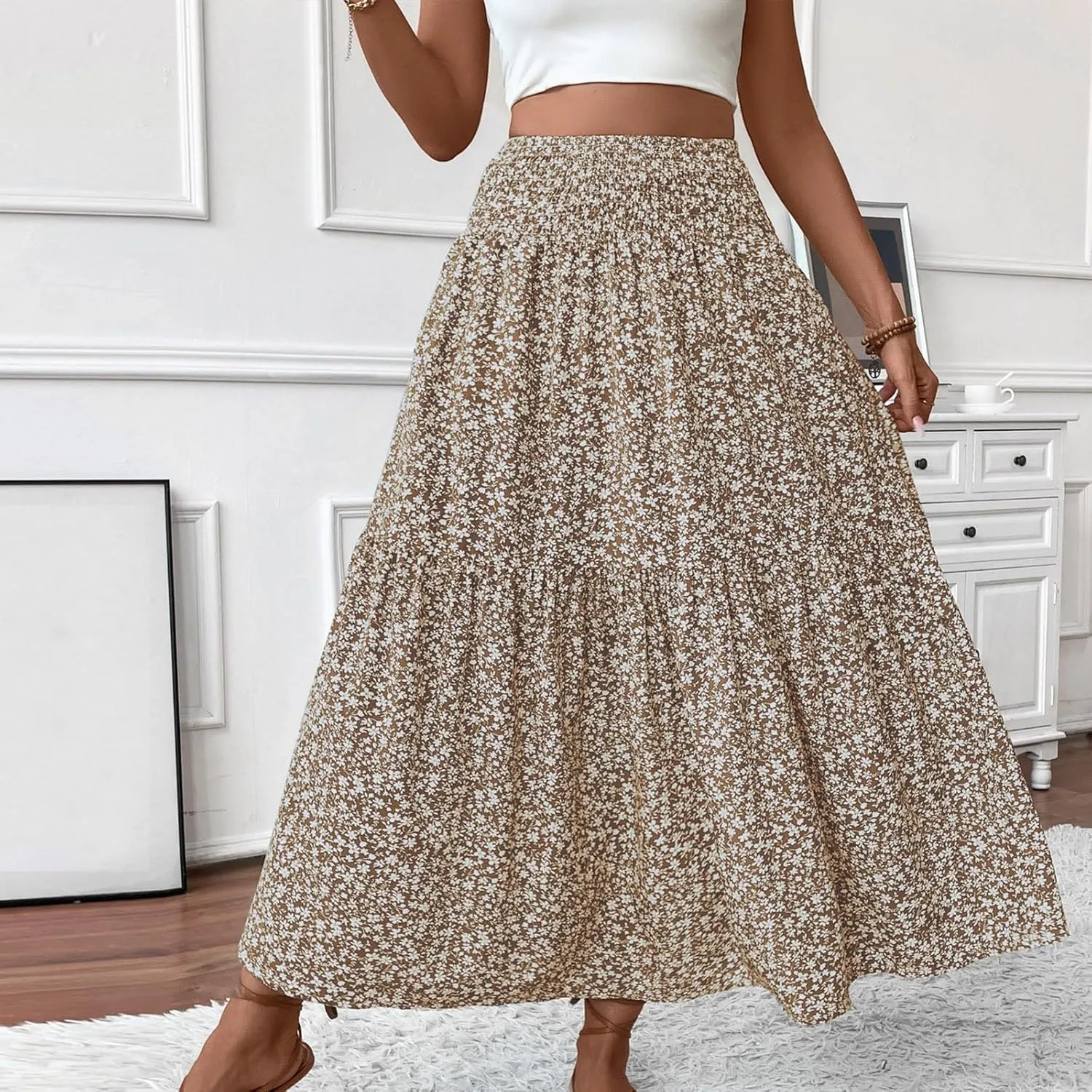 midelxp Boho Maxi Skirt for Women Summer Floral Smocked High Waisted Skirts with Pockets Vacation A-Line Long Flowy Skirts